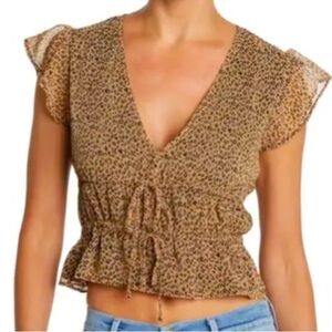 Nordstrom Abound Leopard Cheetah Print Crop Ruffle Sleeve Top Size S